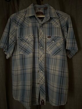 Men's Light Blue Plaid Short-Sleeve Western Shirt